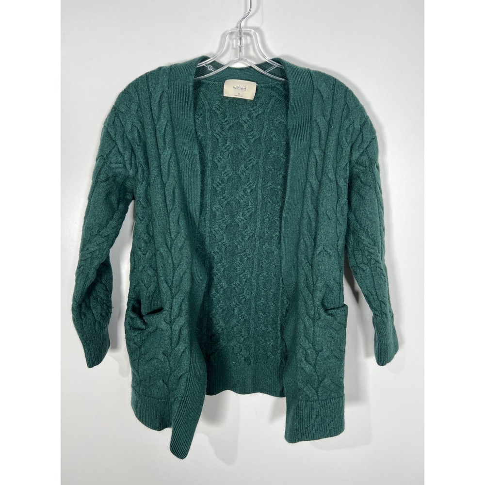 Wilfred Aritzia Forest Green Cable Knit Merino Wool Open Front Cardigan Sweater